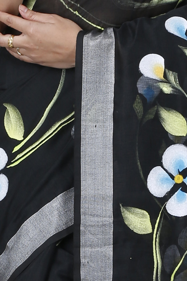 Black Blended Cotton Tonika Hand Painted Saree (1217)